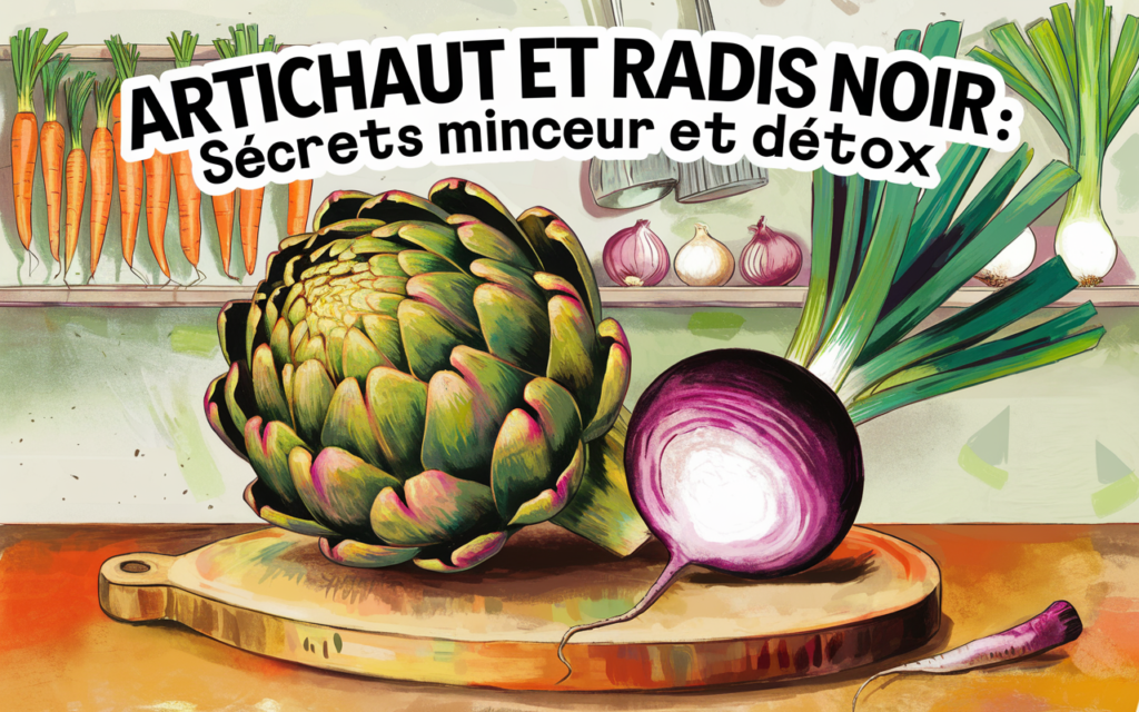 Illustration d'artichaut et radis noir montrant leur beauté et bénéfices minceur