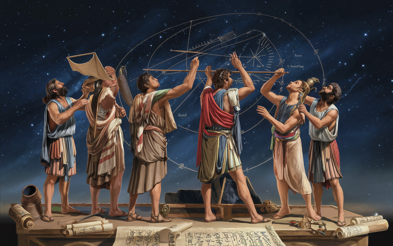 Scène historique d'astrologues babyloniens observant le ciel nocturne
