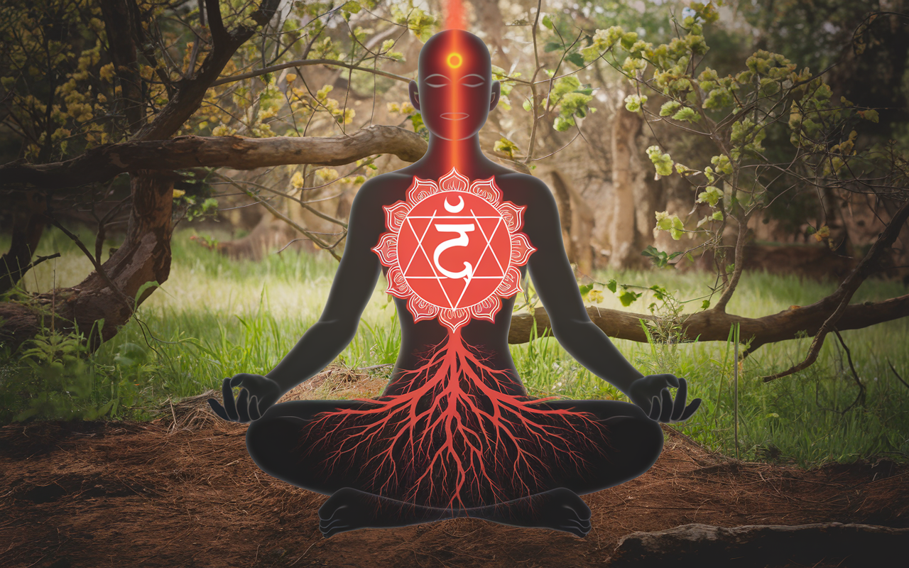 Healthy root chakra symbol glowing red at spine base.