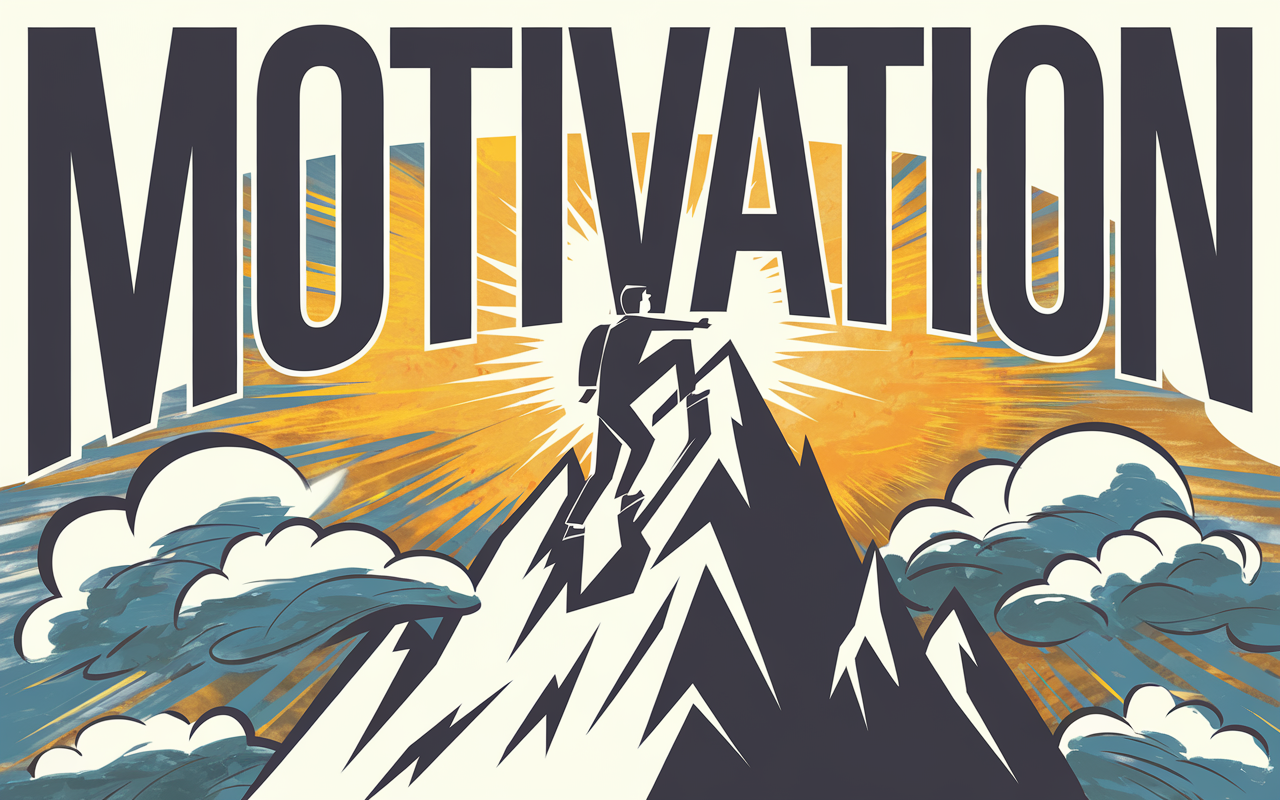 Illustration symbolisant motivation et résilience avec une personne grimpant une montagne.