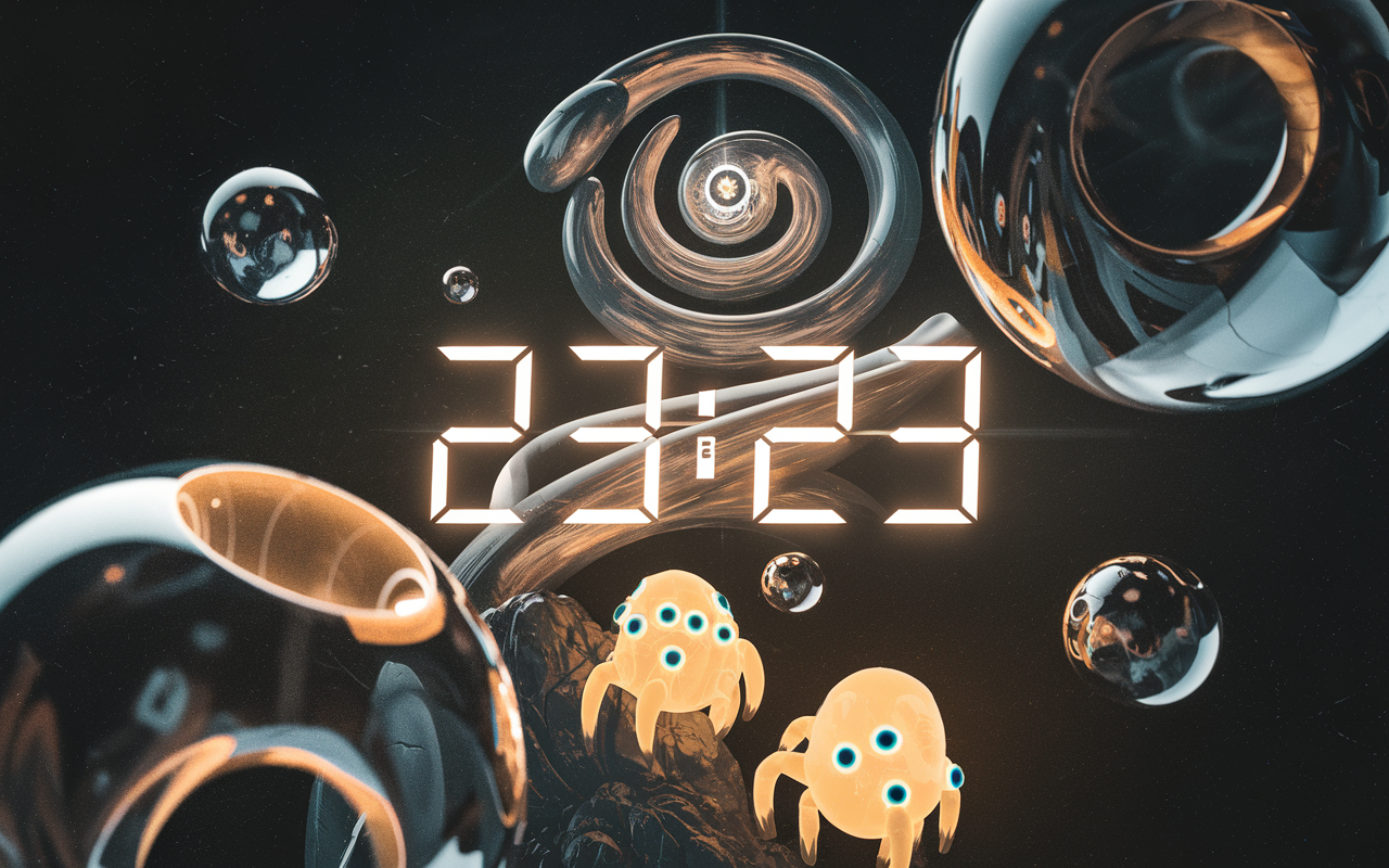 Horloge digitale affichant 23h23, entourée de lumière dorée