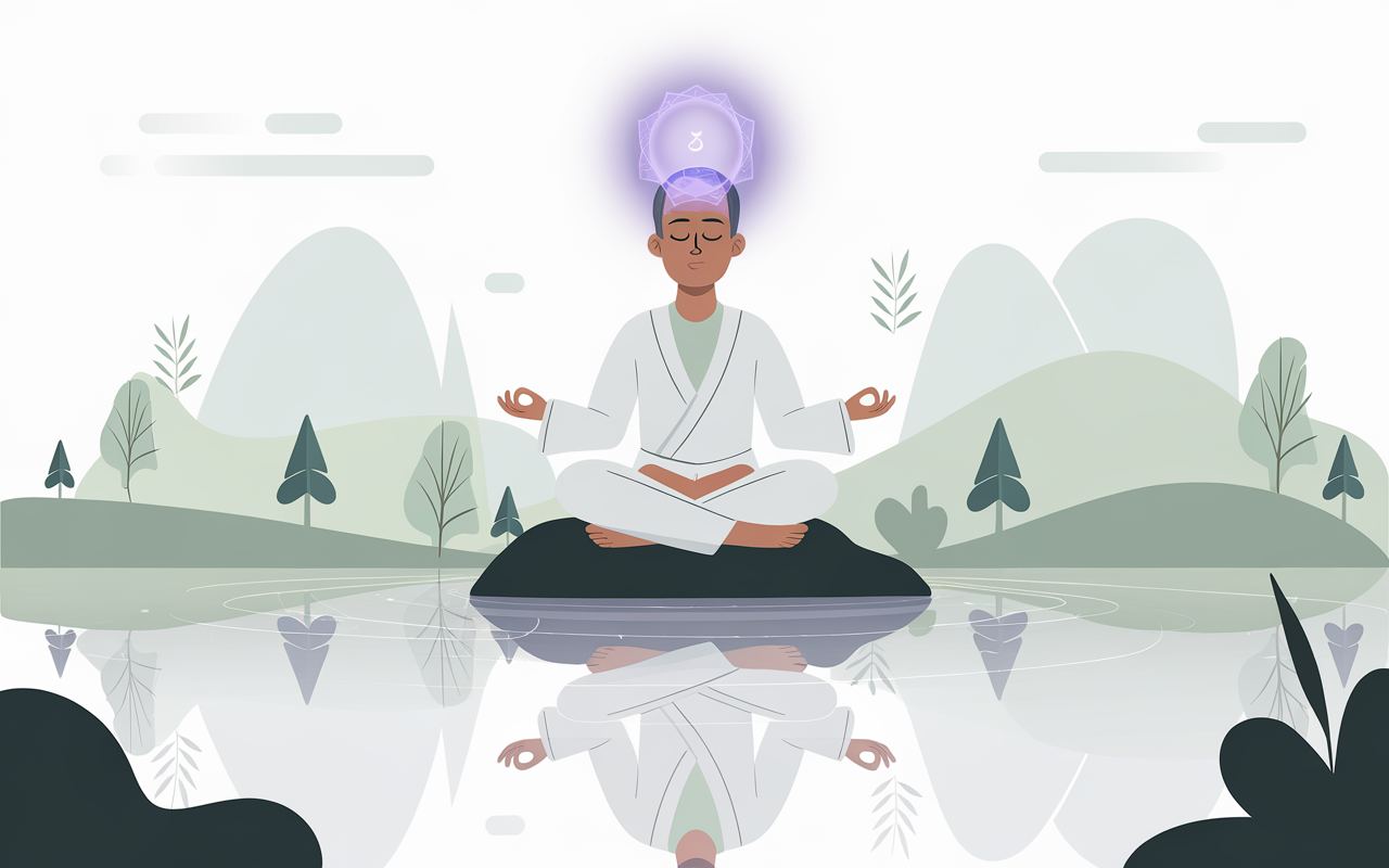 Personne en méditation avec aura violette symbolisant harmonisation