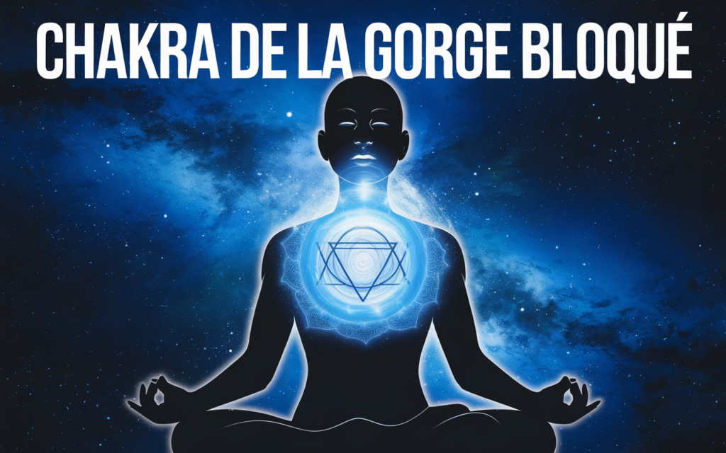 Illustration du chakra de la gorge bloqué avec silhouette méditative et vortex d'énergie bleu