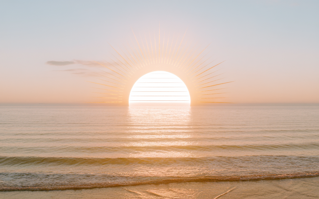 Soleil doré au-dessus d'un océan calme symbolisant la force intérieure.