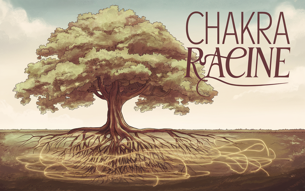 Majestic tree symbolizing chakra racine with deep roots and energy lines