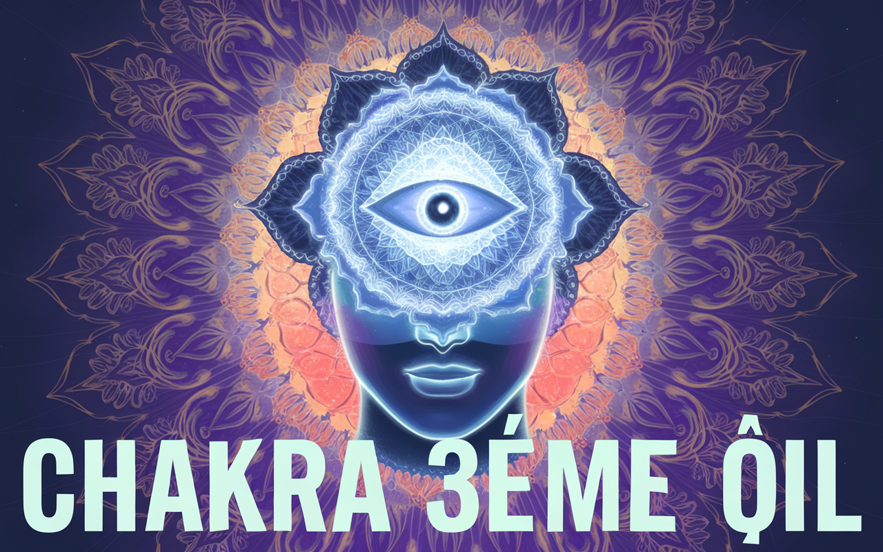 Illustration du Chakra 3ème œil illuminé avec un œil spirituel en méditation.