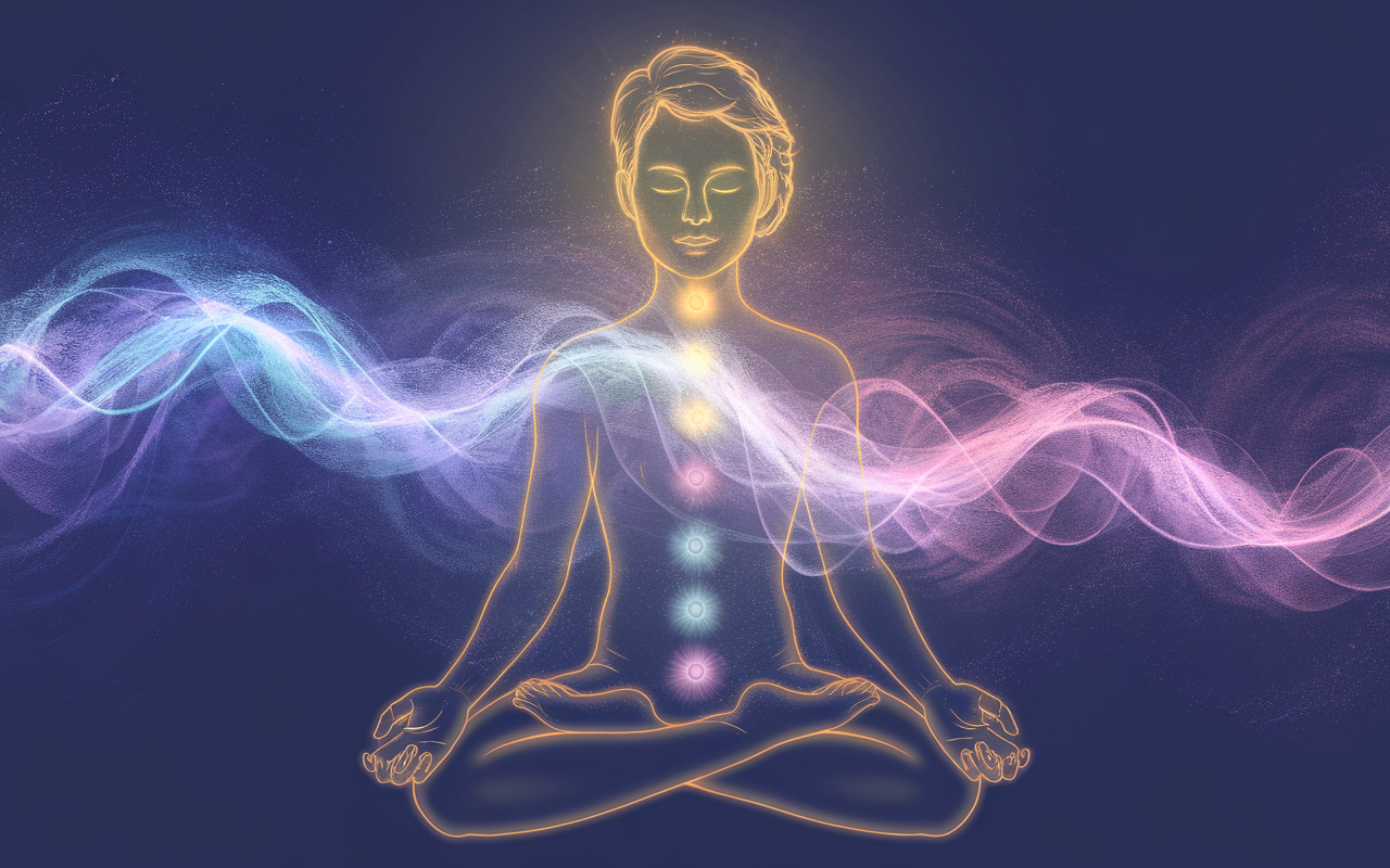 Personne méditant avec lumière dorée et chakras lumineux