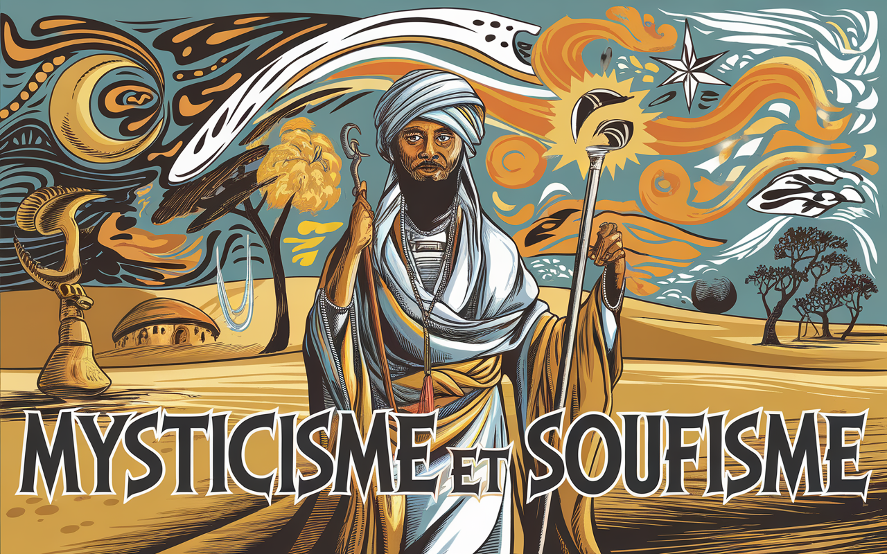 Illustration du mysticisme et soufisme du Sahel avec symboles culturels.