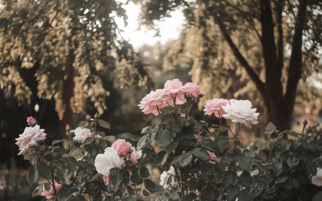 Un jardin apaisant avec lumière douce et fleurs dansantes