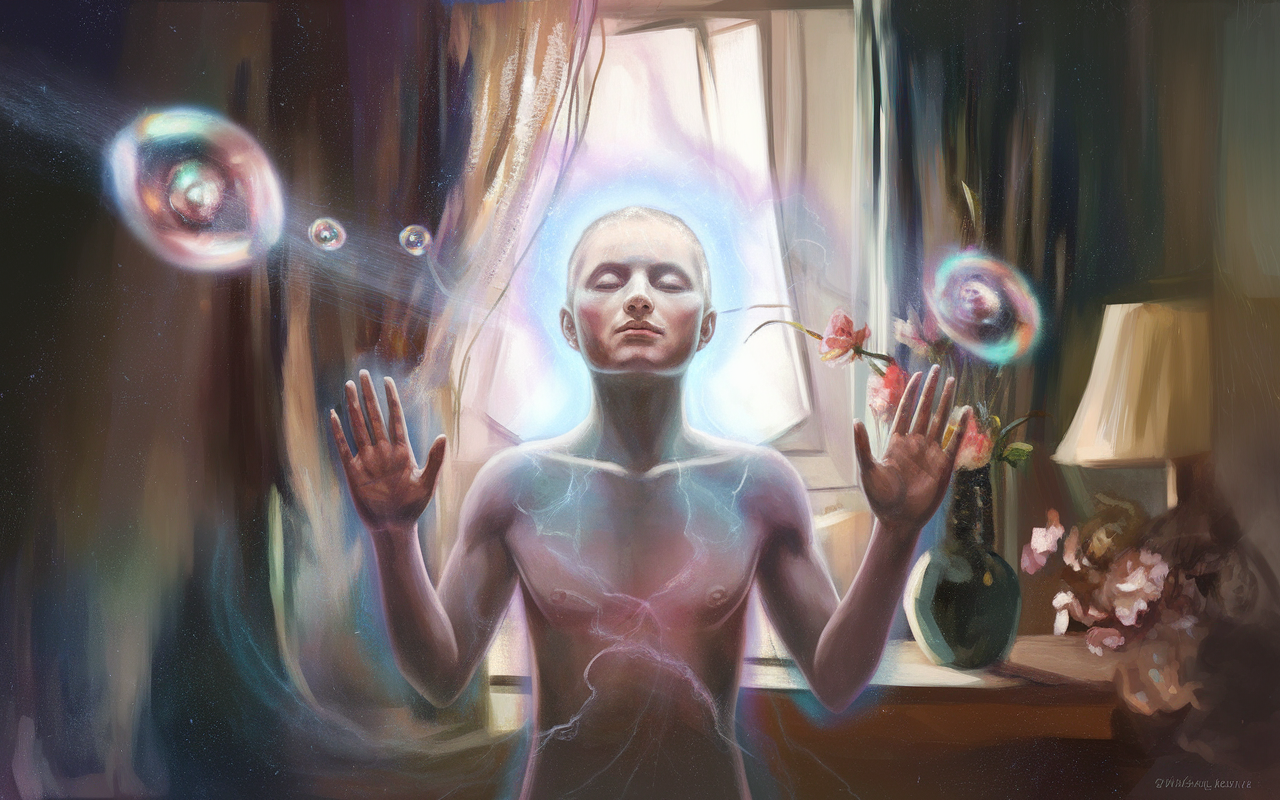 Figure humaine avec aura, suggérant l'extension des sens au-delà des limites physiques