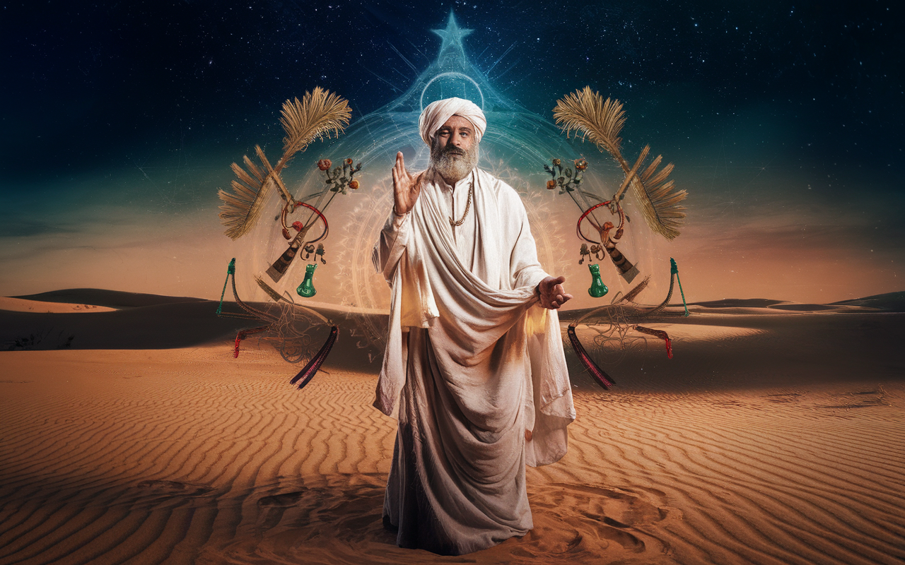 Chef spirituel africain en prière dans le désert, embodiment du soufisme.