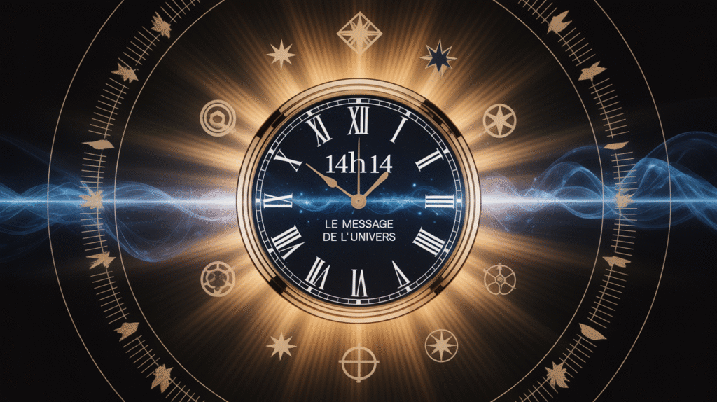 Horloge 14h14 symbolique avec rayons lumineux
