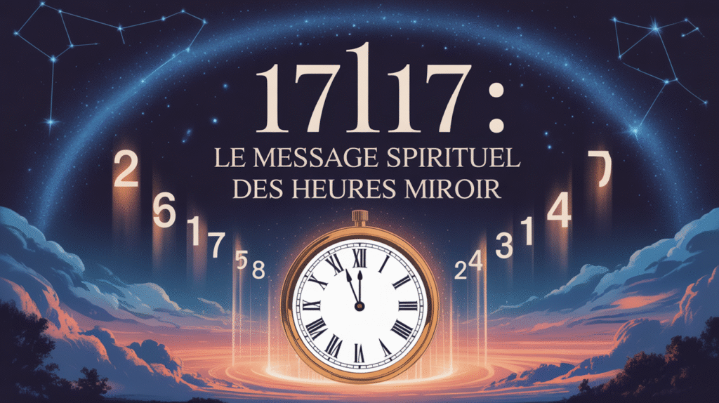 Horloge mystique 17h17 avec aura dorée et constellations