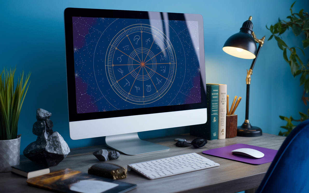 Interface Astrotheme sur écran avec livre astrologie