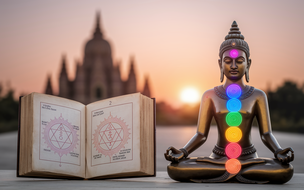 Manuscrit sanskrit avec diagramme de chakras et statue méditative