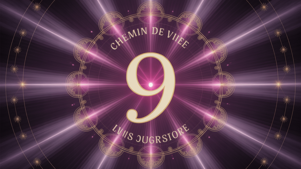 Chiffre 9 lumineux dans un mandala cosmique violet et doré