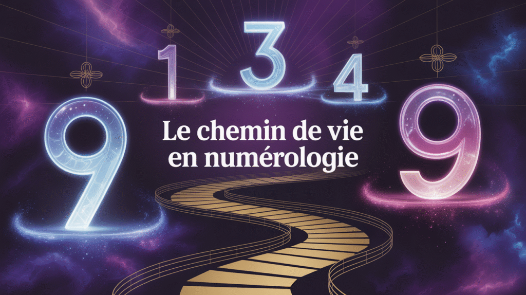 Chiffres lumineux et chemin doré symbolisant le chemin de vie