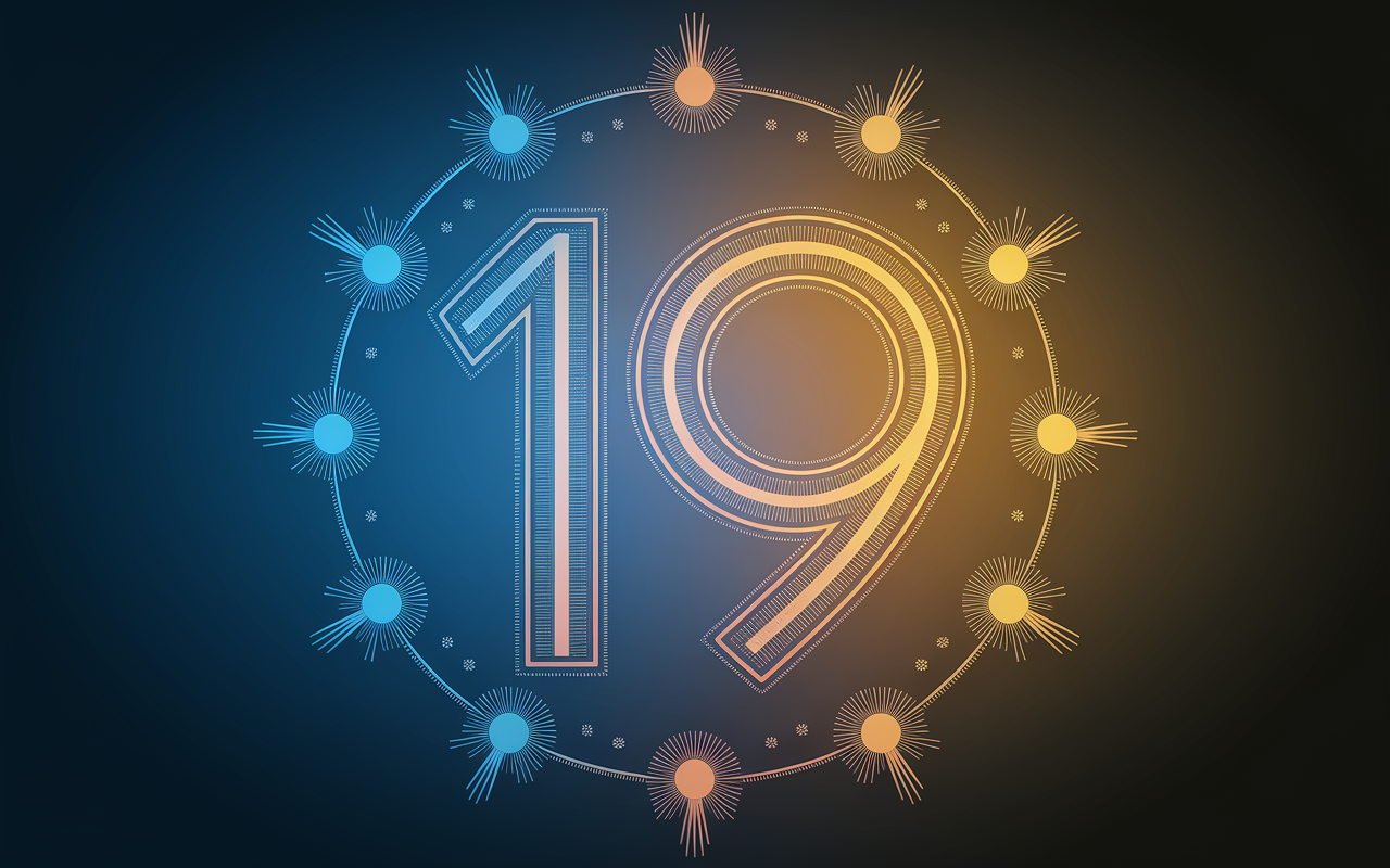 Chiffre 19 composé de symboliques de nouveau départ et sagesse