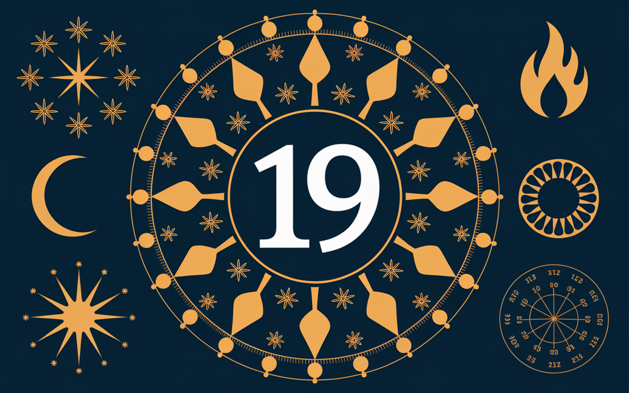 Chiffre 19 central dans un mandala de traditions spirituelles
