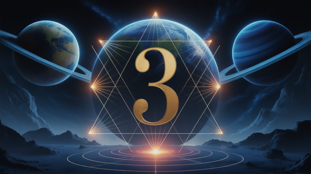 Chiffre 3 doré avec symboles triangulaires et planètes cosmiques