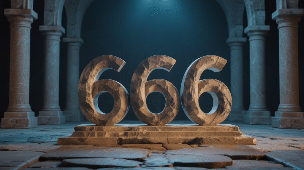 Chiffre 666 sculpté dans une pierre ancienne, éclairage mystérieux