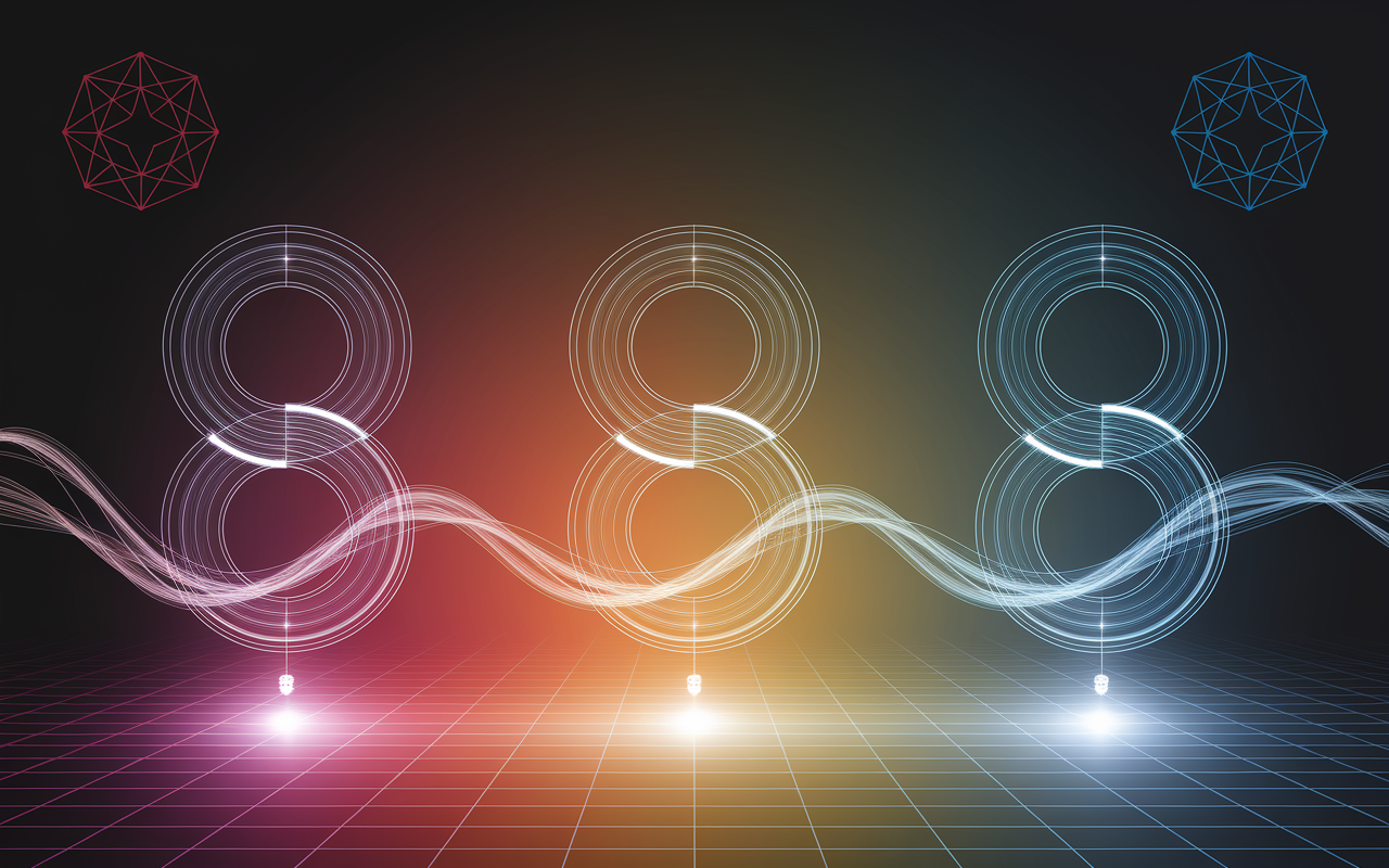 Trois 8 se transformant en symbole d'infini avec ondes énergétiques