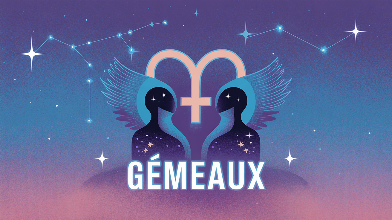 Symbole des Gémeaux ♊ sur fond cosmique bleu-violet