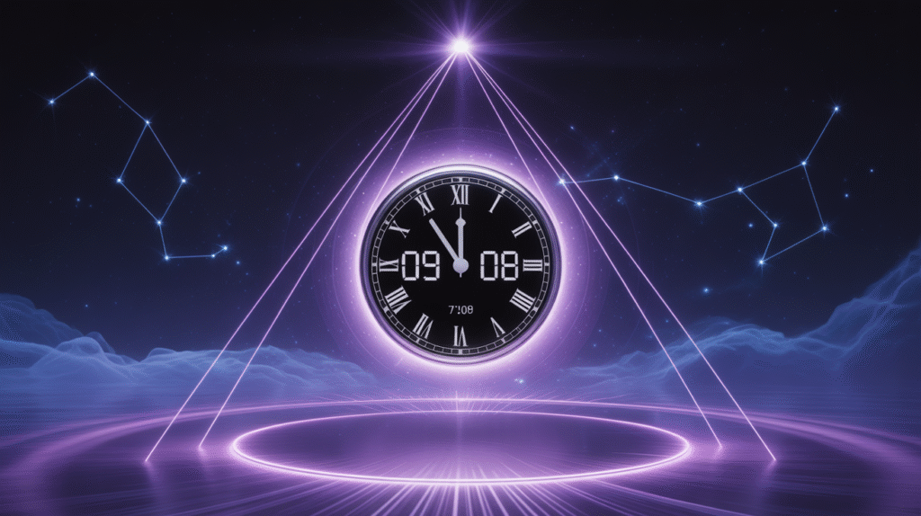 Horloge 09h09 avec aura violette et constellations