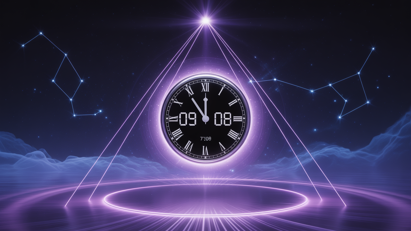 Horloge 09h09 avec aura violette et constellations