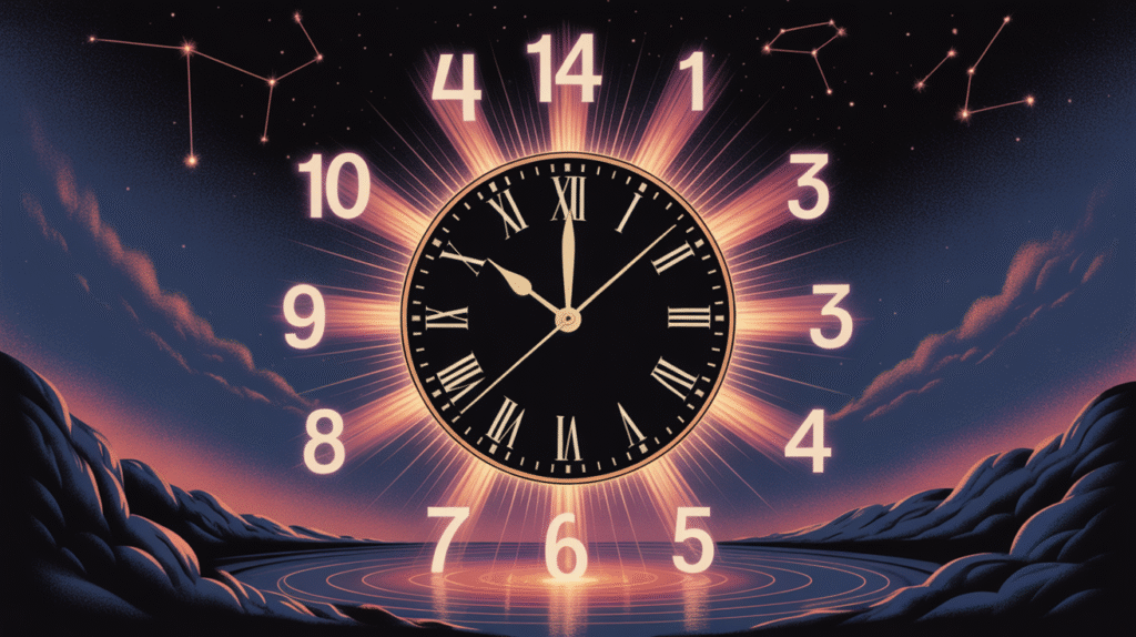 Horloge 14h14 lumineuse avec rayons dorés et constellations