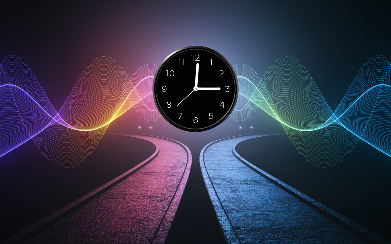 Horloge 14h14 avec ondes énergétiques et chemins de vie