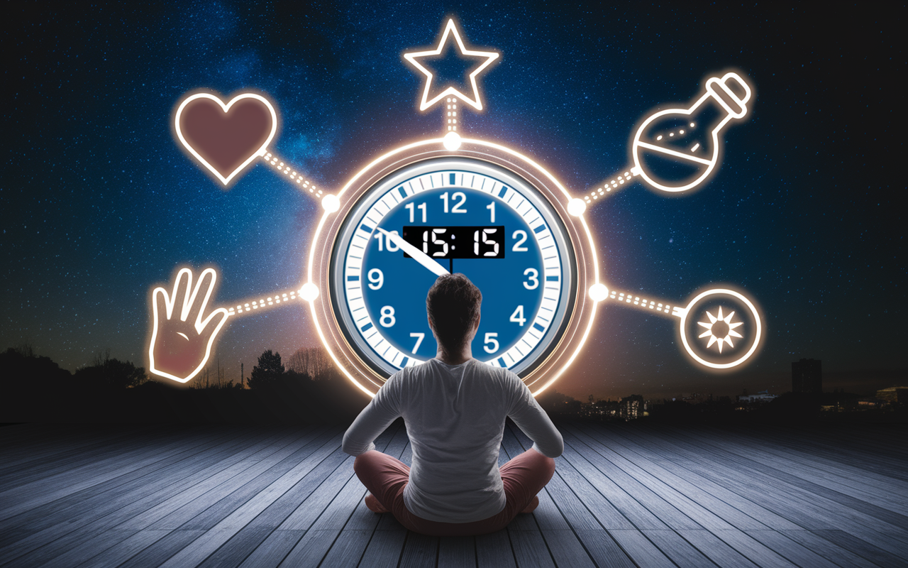 Personne contemplant horloge 15h15 avec symboles spirituels