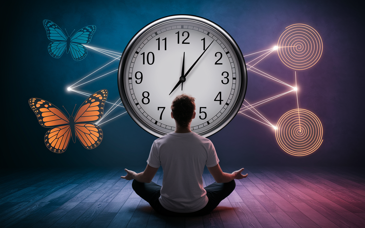 Silhouette et horloge 16h16 avec symboles spirituels