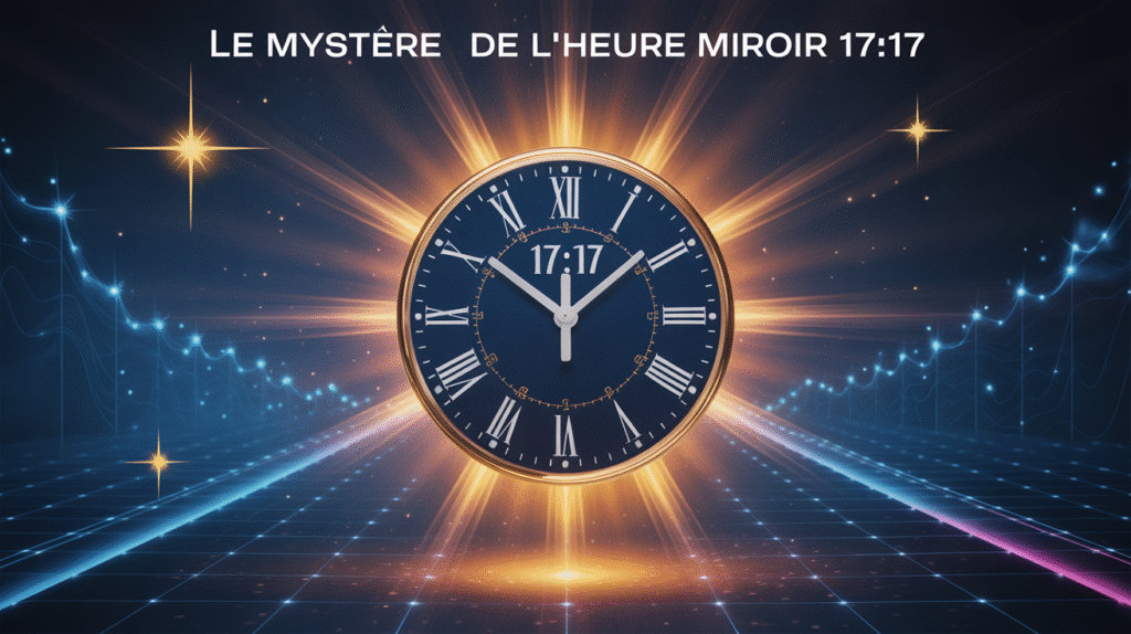 Horloge numérique 17:17 avec aura mystique et rayons dorés