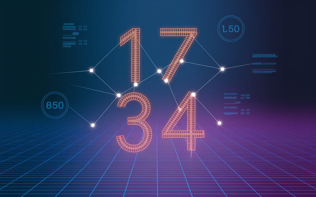 Chiffres 17, 34, 7 avec connexions lumineuses dorées