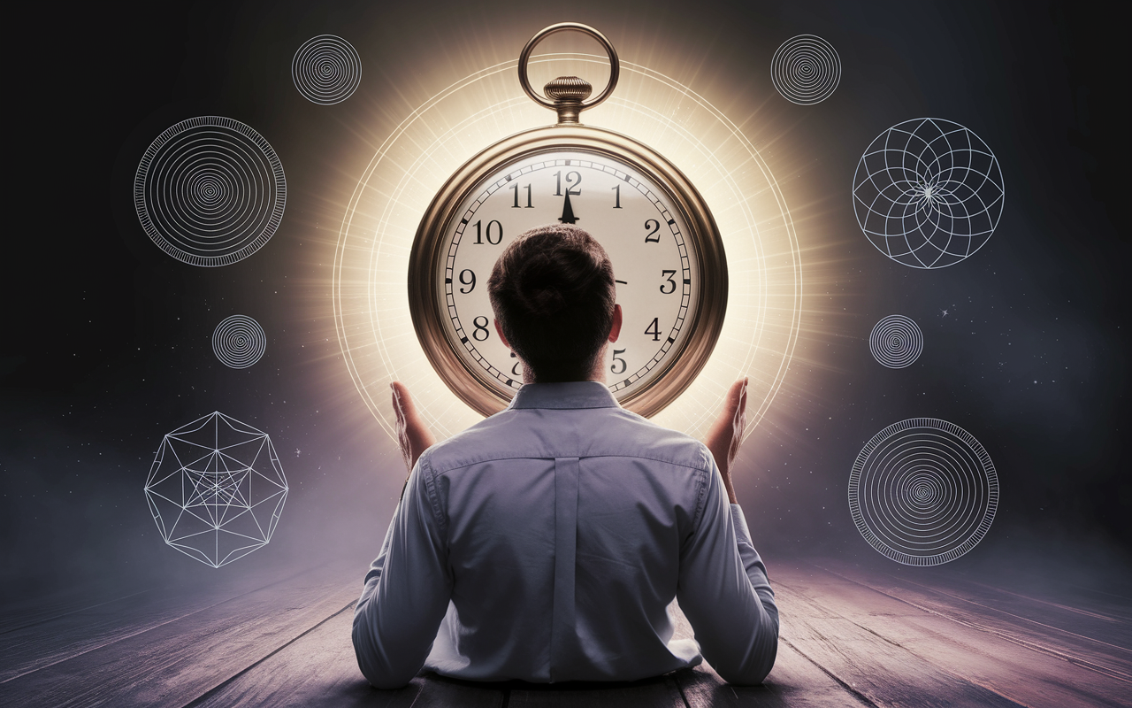 Personne contemplant horloge 17:17 avec halo lumineux