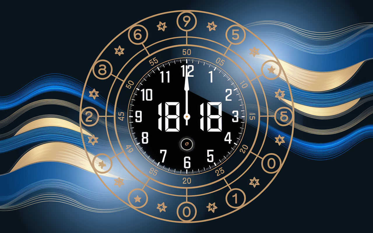 Horloge 18h18 avec symboles numérologiques et énergies
