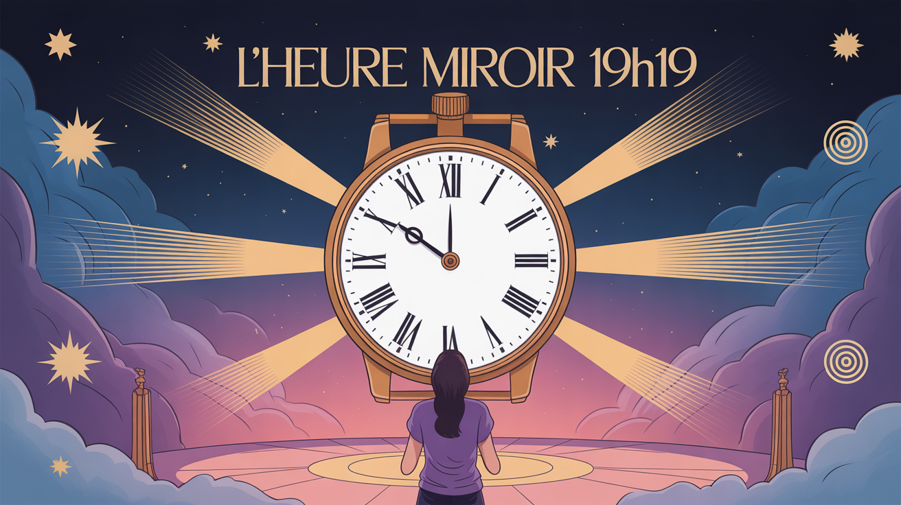 Montre 19h19, rayons dorés, symboles spirituels
