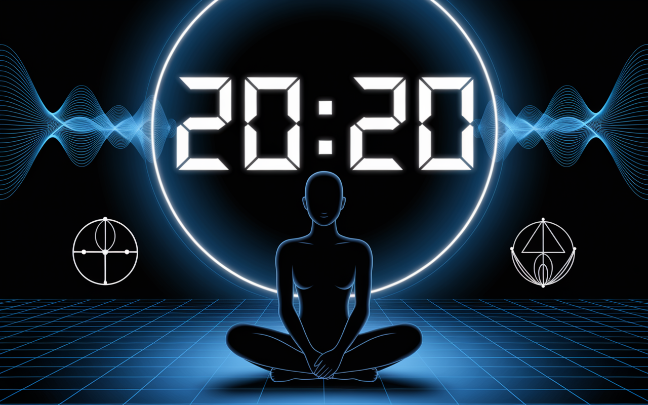 Horloge 20h20 avec ondes énergétiques et silhouette méditative