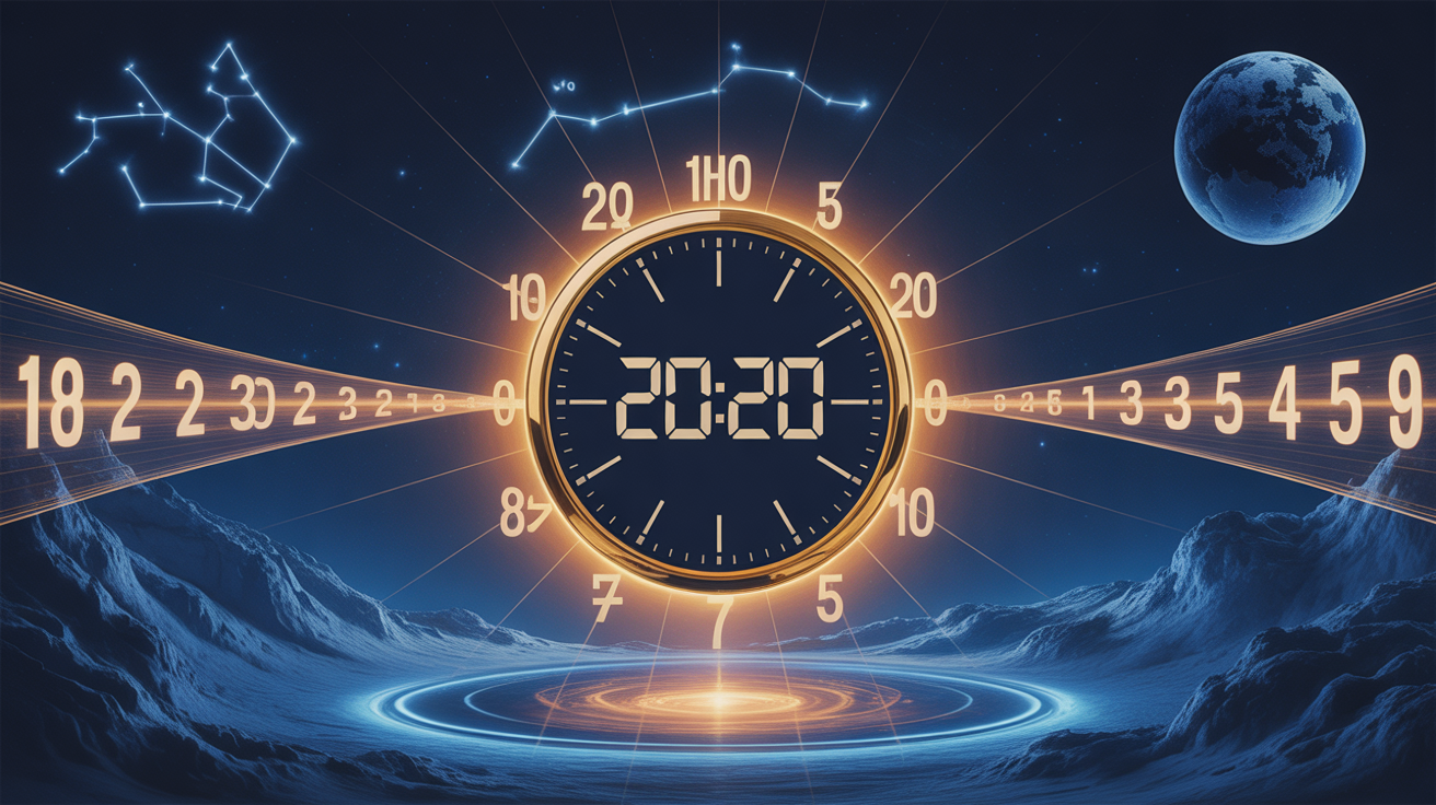 Horloge 20h20 avec rayons lumineux et symboles spirituels