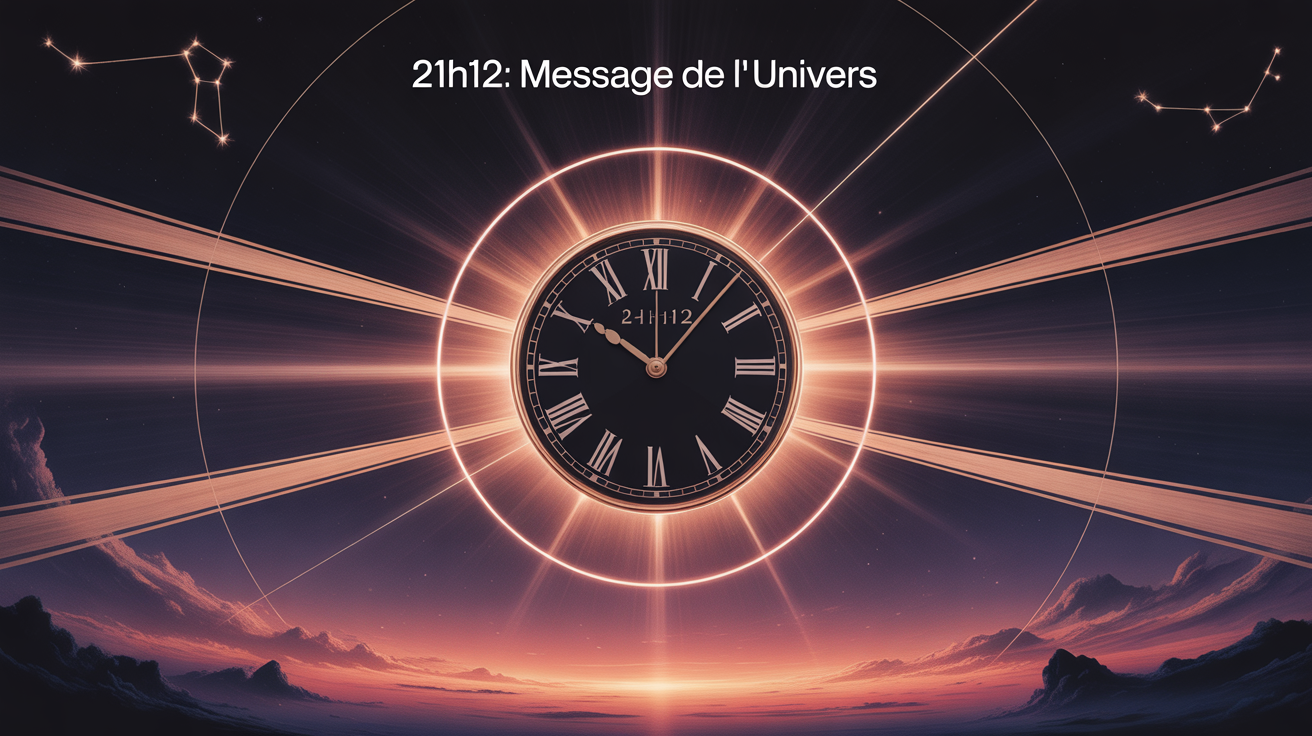 Horloge mystique 21h12 avec rayons lumineux et constellations
