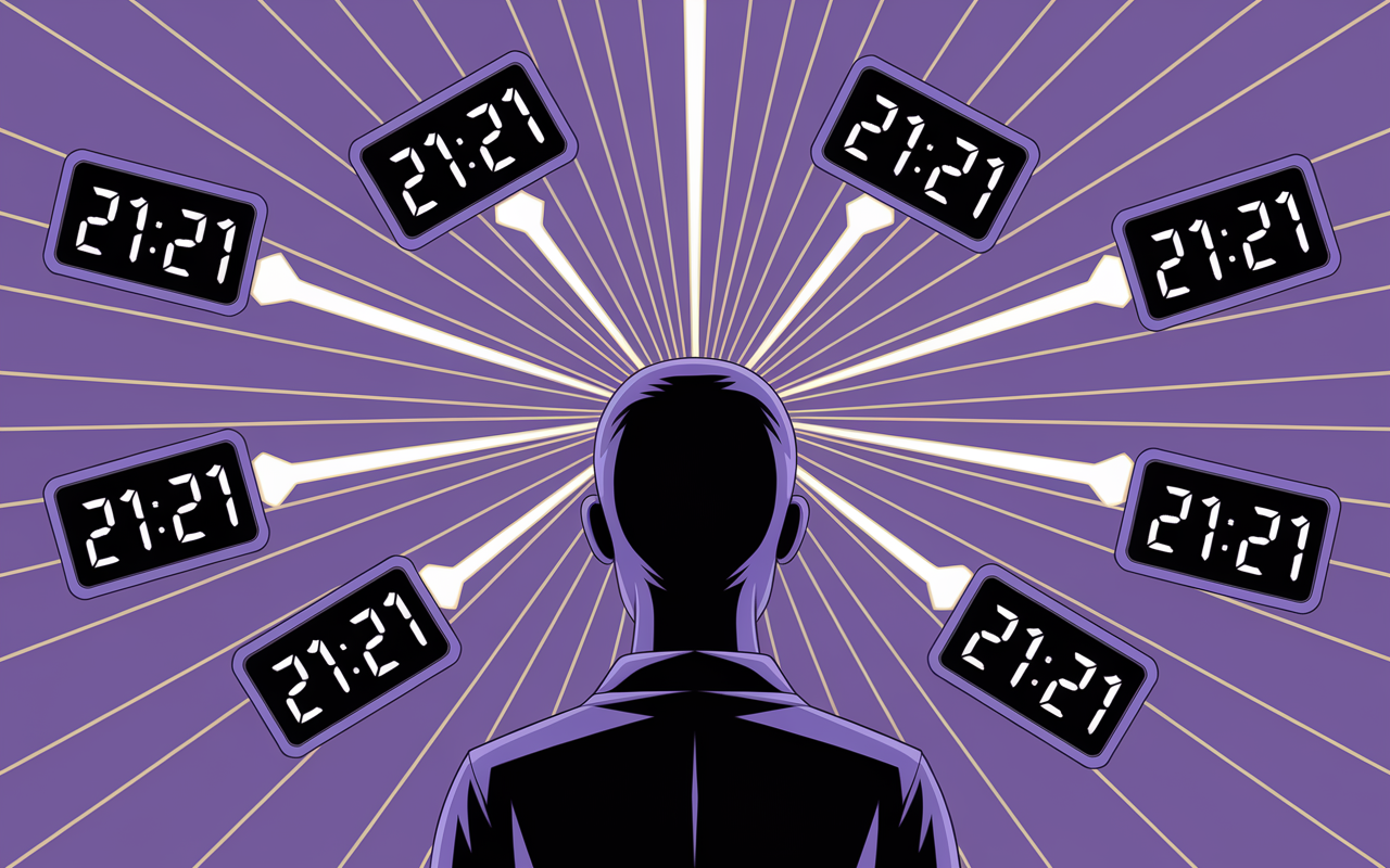 Silhouette contemplant horloges 21h21 interconnectées