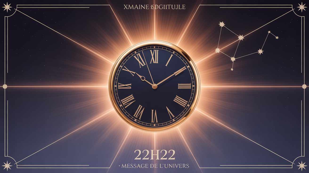 Horloge mystique 22h22 avec rayons lumineux et symboles spirituels