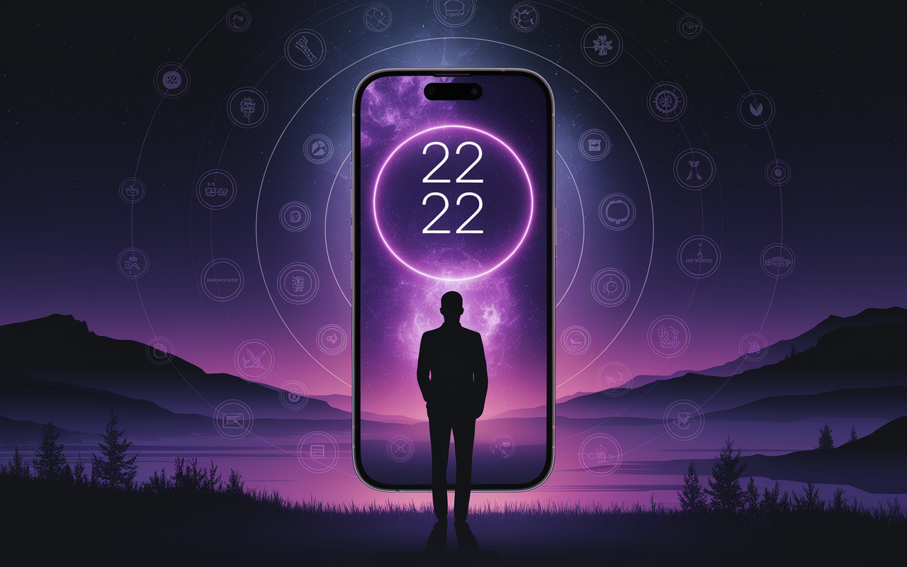 Écran smartphone 22h22 avec aura mystique et symboles cosmiques