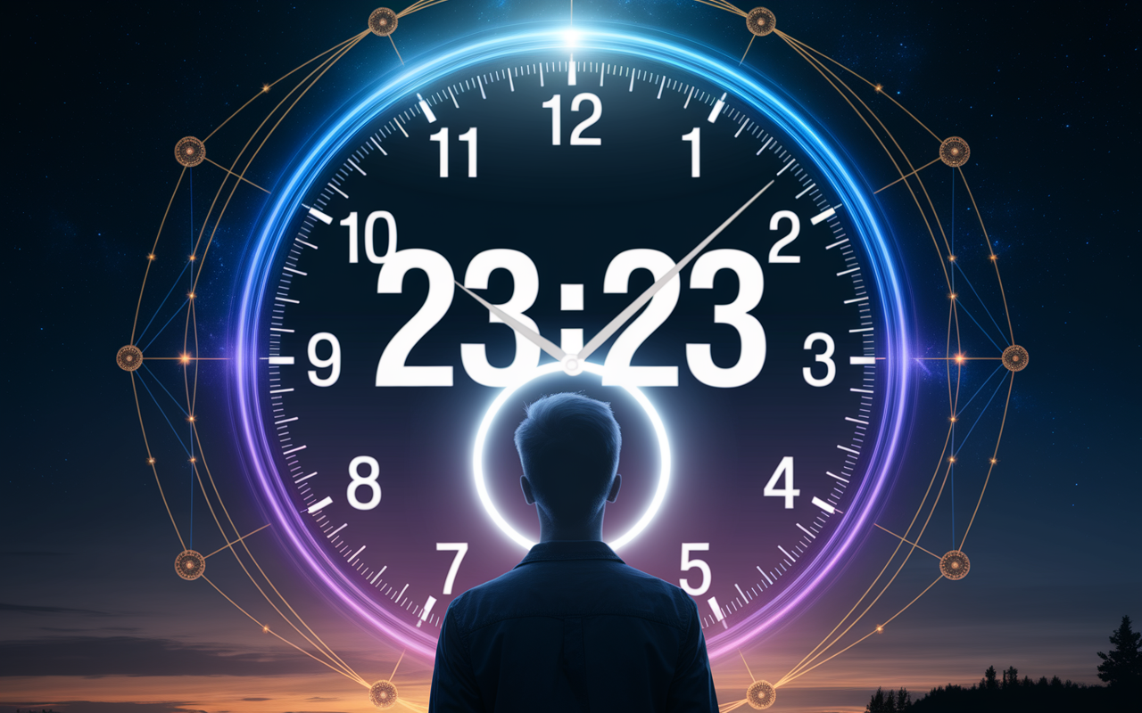 Personne contemplant l'heure miroir 23h23 avec connexions célestes