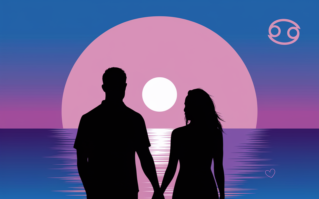 Couple Cancer, océan, coucher de soleil romantique