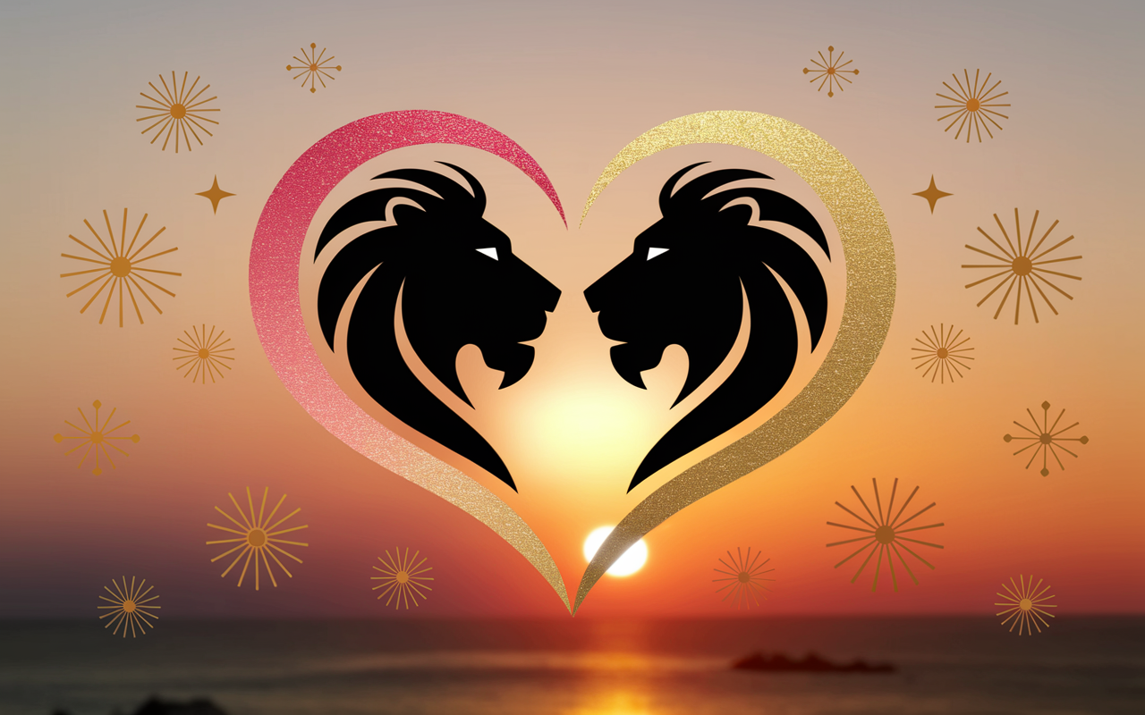 Silhouettes de lions formant un cœur astrologique