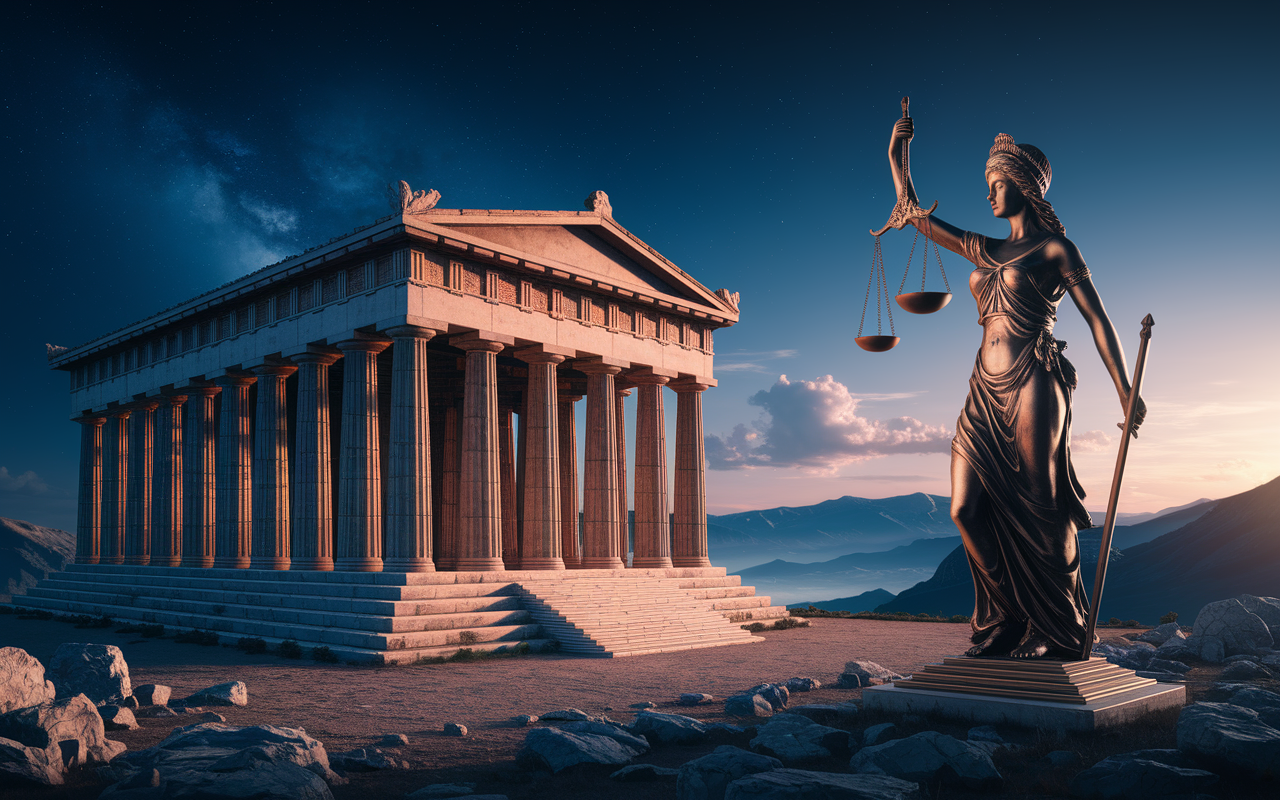Temple grec olympien avec Némésis divine surplombant les mortels