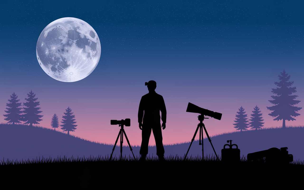 Silhouette observant une pleine lune avec équipement