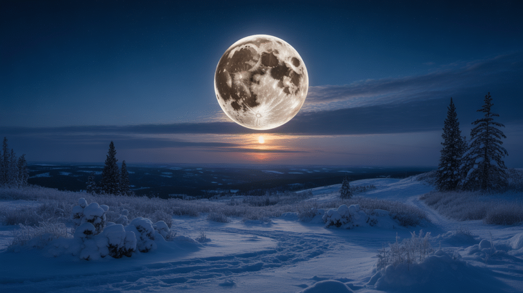 Pleine lune décembre 2024 lumineuse sur paysage enneigé